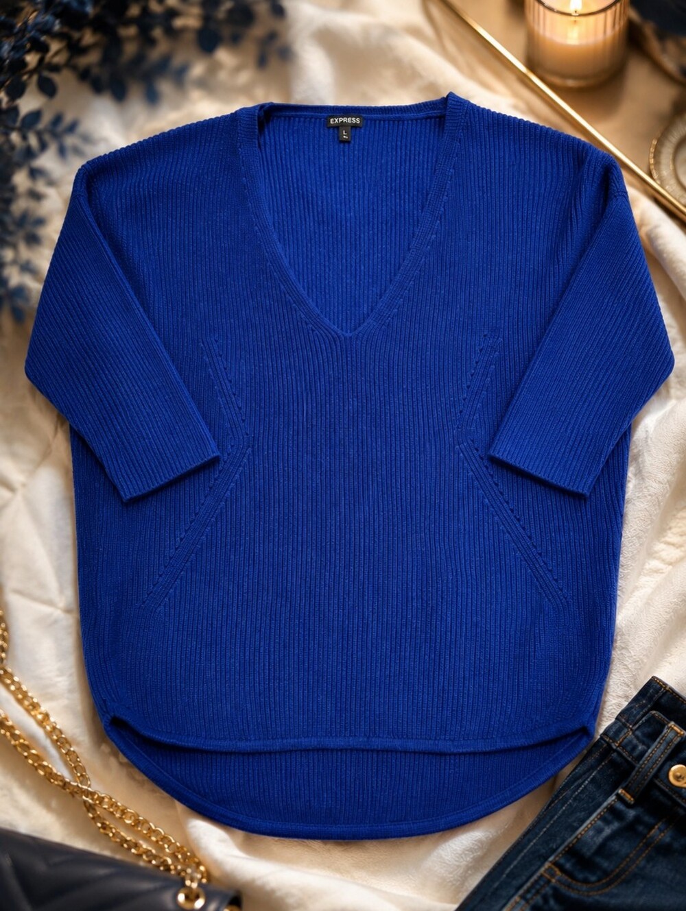 Express Cobalt Blue Ribbed V-Neck Lightweight Sweater Relaxed Fit Medium EUC